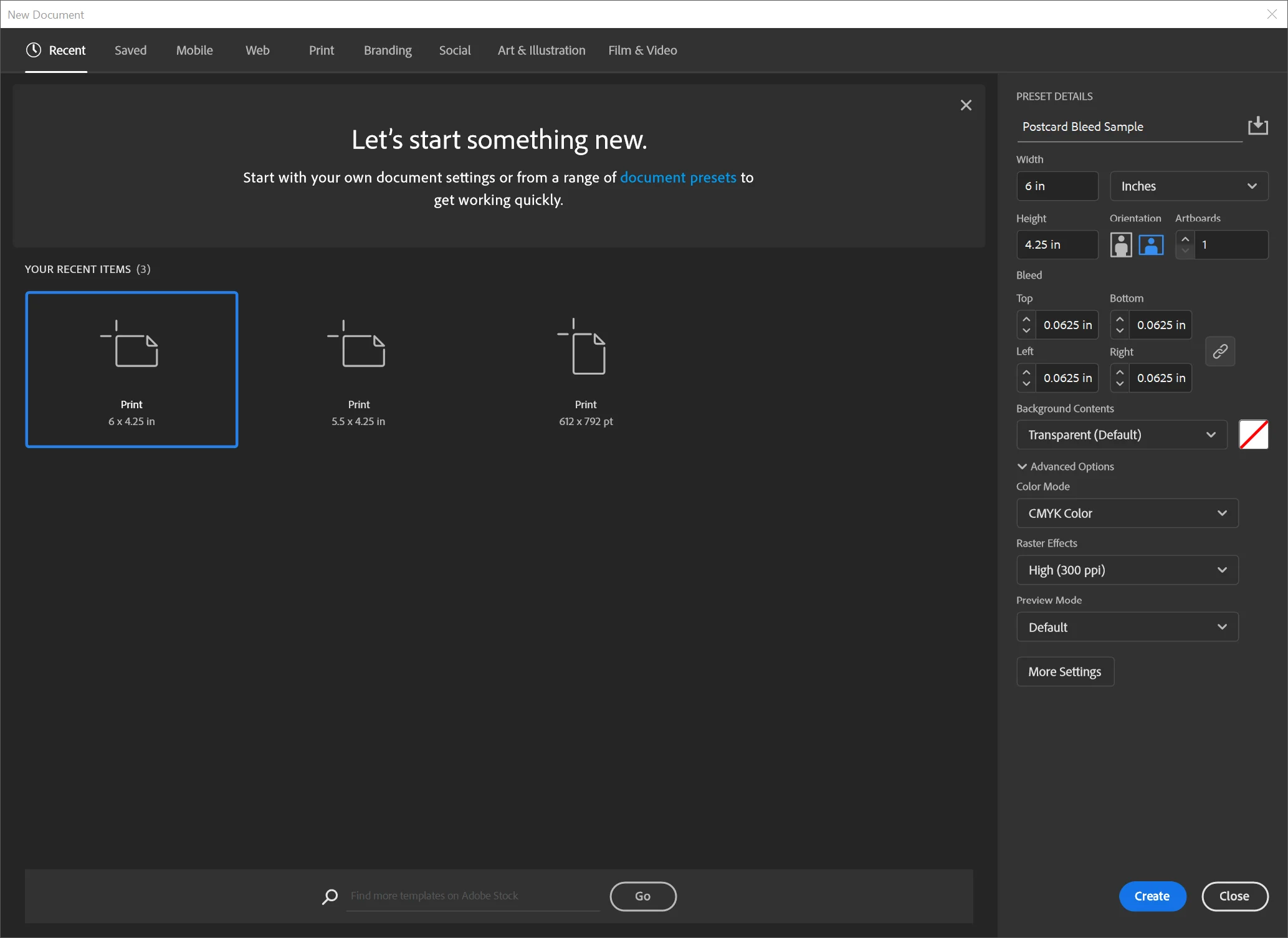 Illustrator New Document dialog with bleed settings