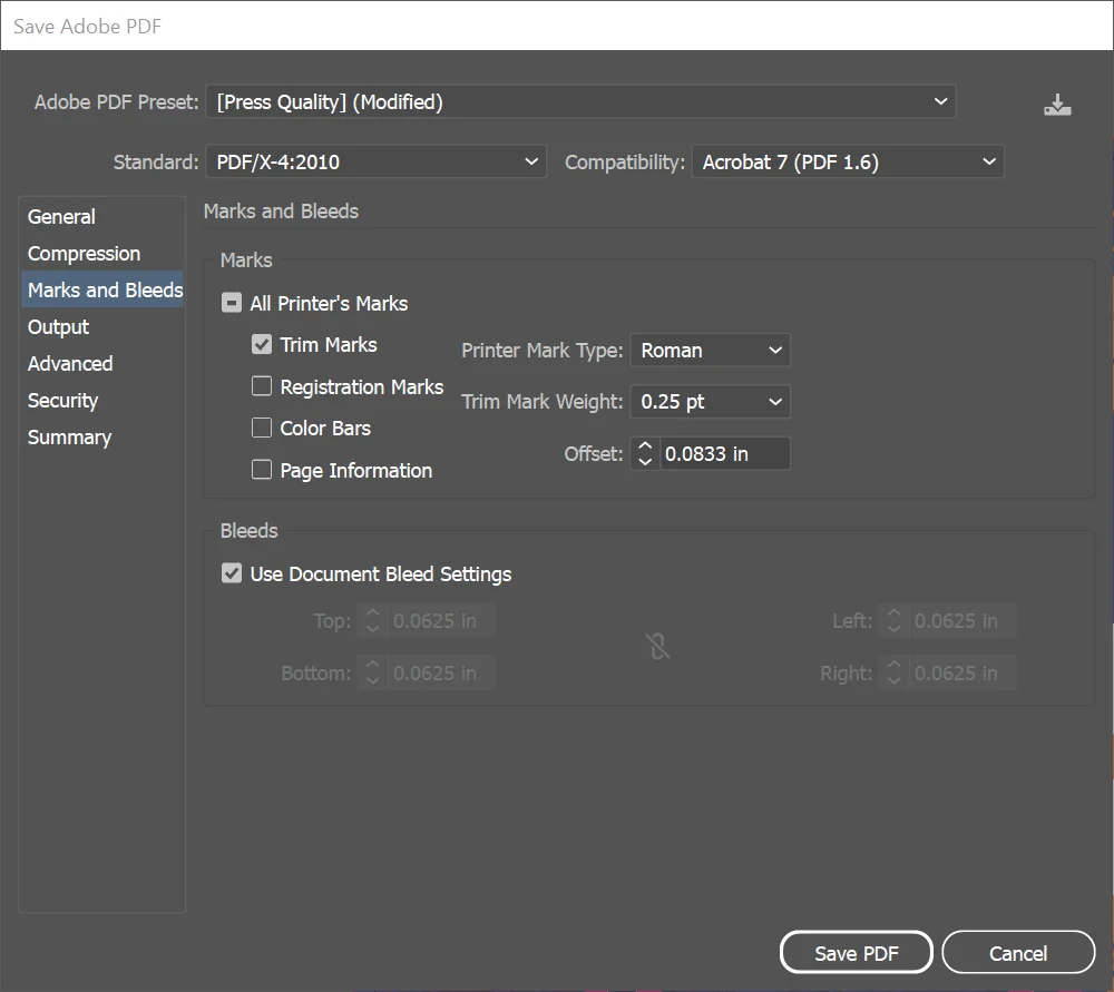 Illustrator PDF export dialog with bleed settings